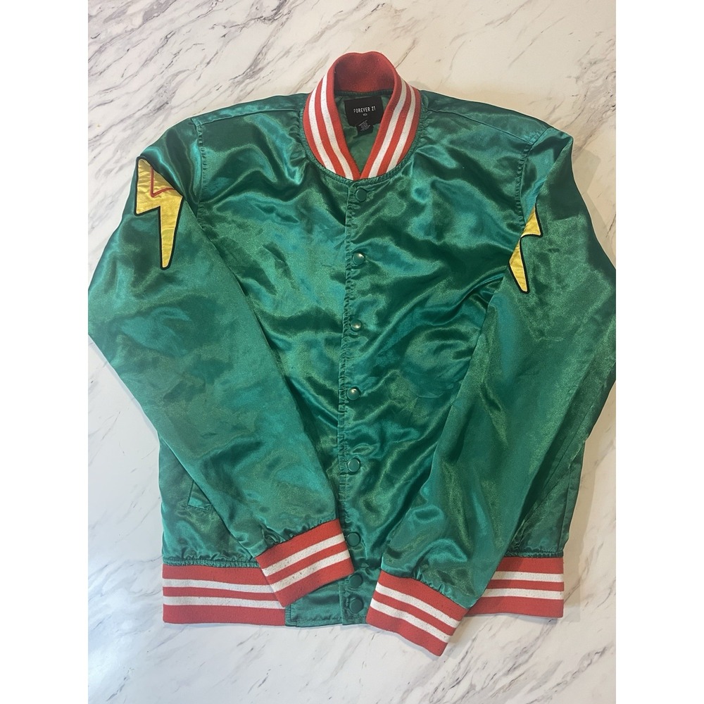 Forever 21- Unisex Varsity Bomber Jacket- Green Blessed- Size XS